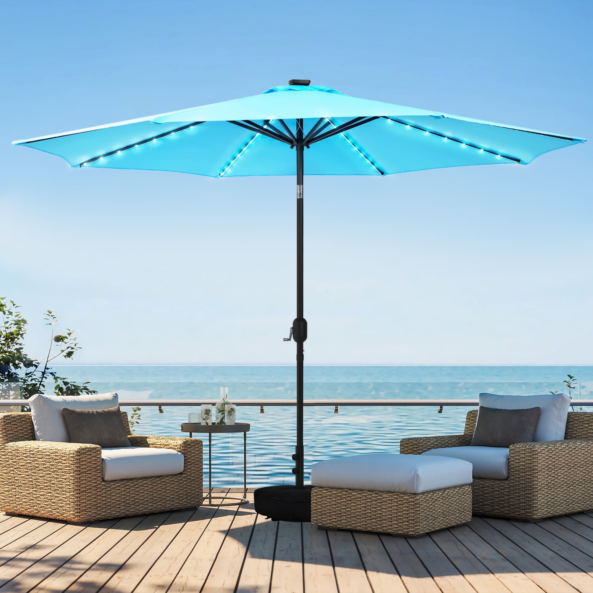 11 ft. solar-powered patio umbrella SKU: OB-OTU011 offering UV protection by day and a cozy glow at night Crestlive Products 11 ft. x