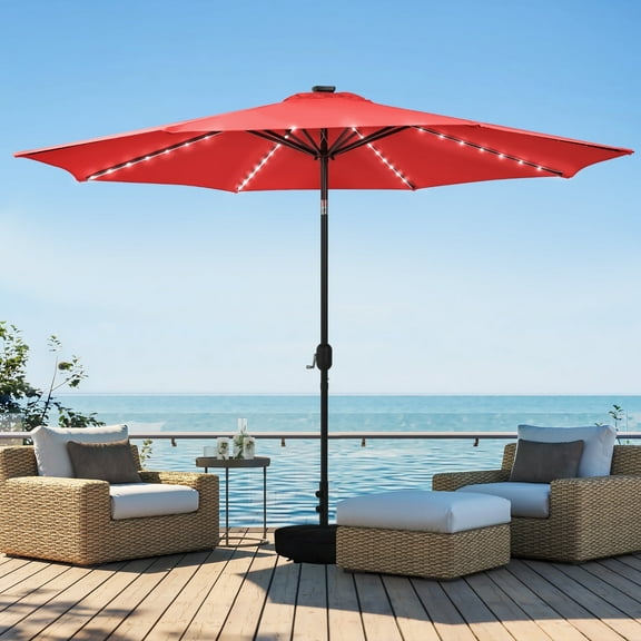 HARBOURSIDE 9ft Solar-Powered Outdoor Umbrella with LED Lights - 10 Solar LED Bulbs, Heavy Duty Base & Sand Bag for Patio/Garden/Poolside, Waterproof UV-Resistant Sun Shade Canopy,Red
