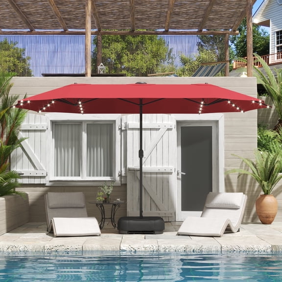 HARBOURSIDE Solar-Powered Double-Sided 15 ft Outdoor Patio Umbrella with 144 LED Lights, Includes Sandbag Base & Protective Cover,Red