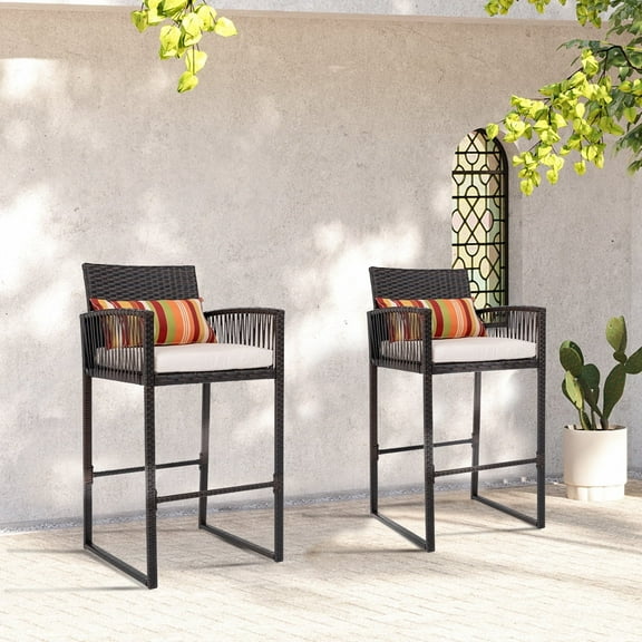 HARBOURSIDE Wicker Bar Stools, Patio Counter Height Brown Rattan Rope Stools with Back Rest, High Chair with Pillow & Beige Cushion, All-Weather Armless Tall Pub Barstool