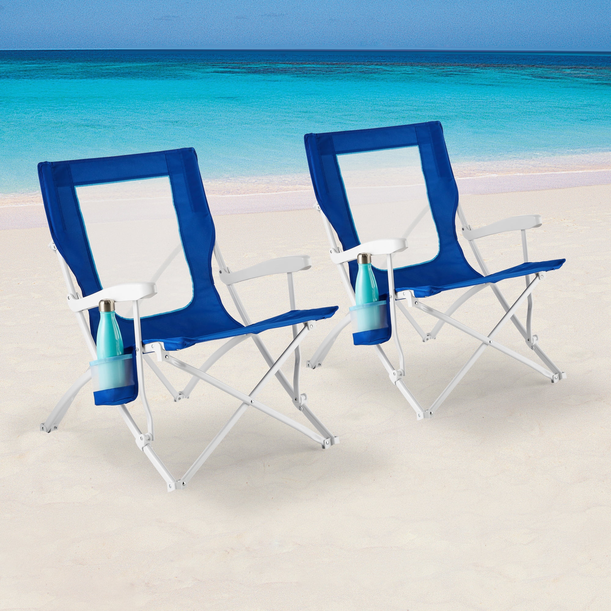 Mainstays Folding Hard Arm 2-Pack Beach Bag Chair with Carry Bag, Blue