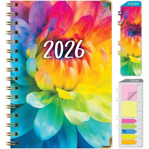 HARDCOVER 2026 Planner, 5.5"x8": 14 Months (November 2025 - December 2026), Daily Weekly Monthly Planner, Yearly Agenda, Bookmark, Pocket Folder and Sticky Note Set (Rainbow Petals)