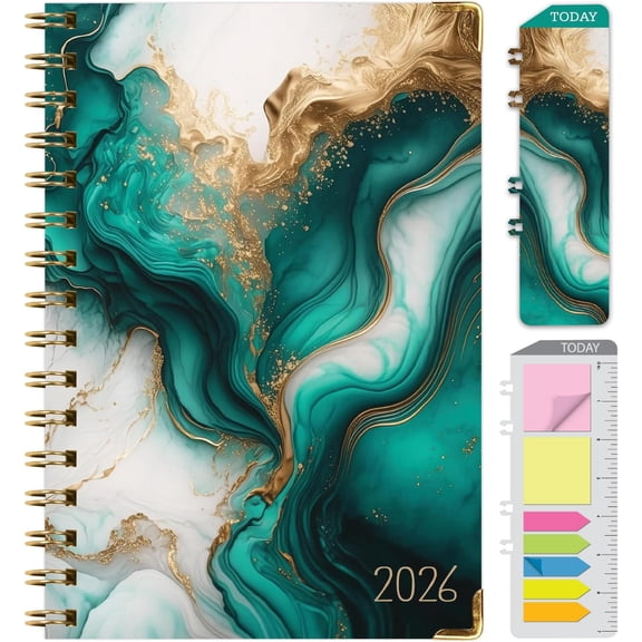 HARDCOVER 2026 Planner, 5.5"x8": 14 Months (November 2025 - December 2026), Daily Weekly Monthly Planner, Yearly Agenda, Bookmark, Pocket Folder and Sticky Note Set (Teal Marble)