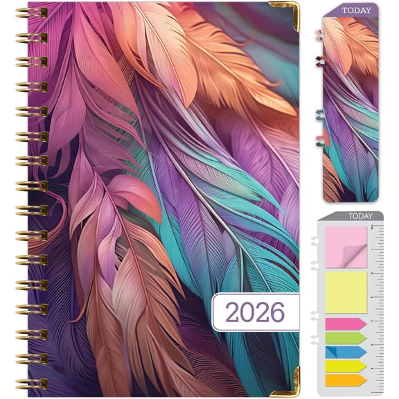 HARDCOVER 2026 Planner, 5.5"x8": 14 Months (November 2025 - December 2026), Daily Weekly Monthly Planner, Yearly Agenda, Bookmark, Pocket Folder and Sticky Note Set (Pastel Peacock)