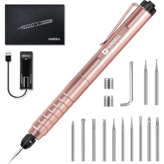 HARDELL Electric Engraving Pen Kit with 6 Rotating Grinding Heads, Cordless Mini Quiet Engraving Tool for Jewelry, Glass, Wood, Stone, Metal (Rose Gold)