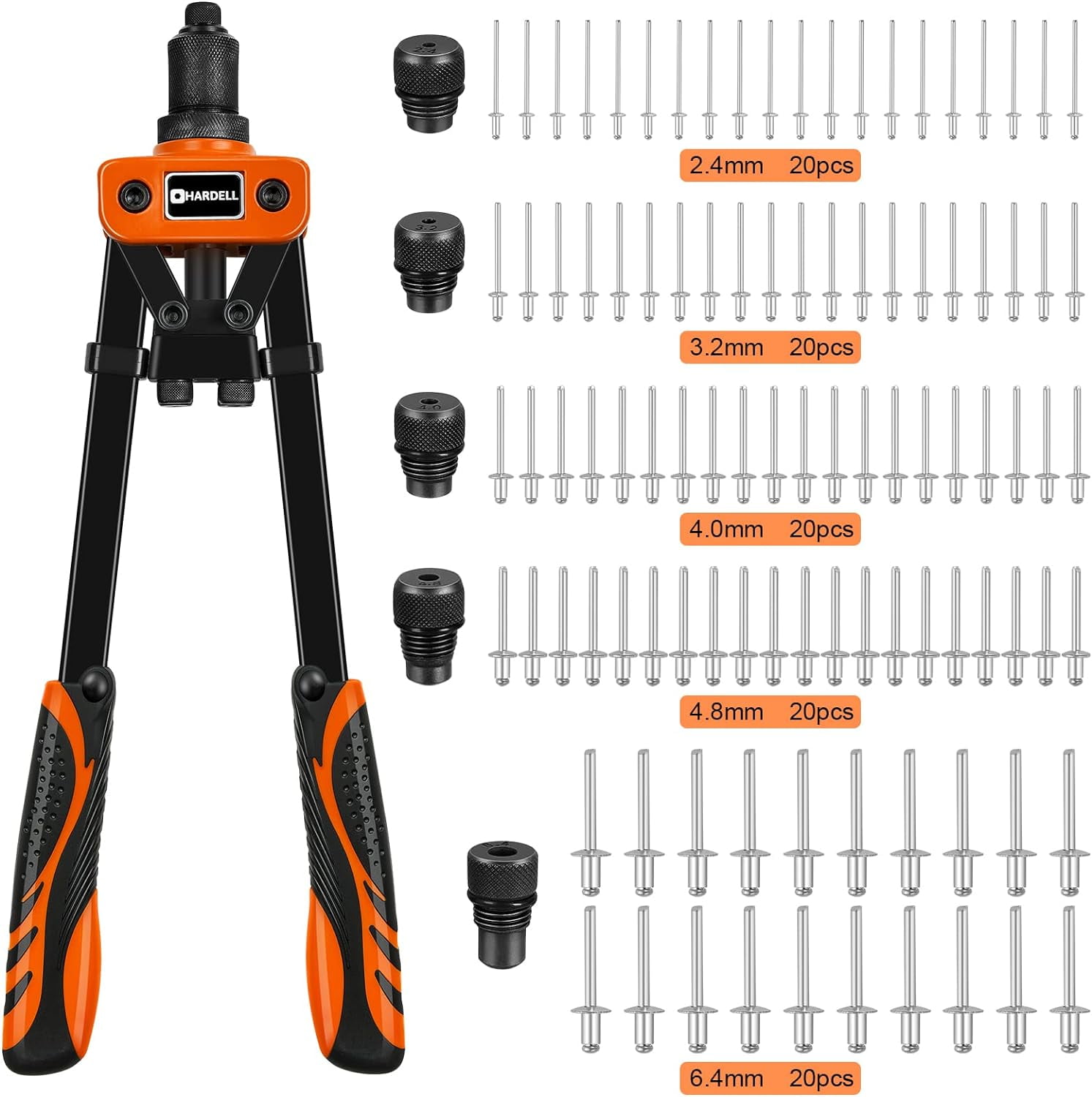 HARDELL 21V Cordless Electric Rivet Gun Kit | Brushless Motor, 2 X 2.0Ah Batteries | Fits 3/32" To 3/16" Rivets