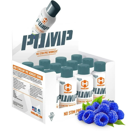 HARDLABZ PUMP Caffeine Free Pre-Workout Energy Shot with Citrulline, Beta-Alanine, Creatine, Arginine, Blue Raspberry, Zero Sugar, 2oz - 12 Pack