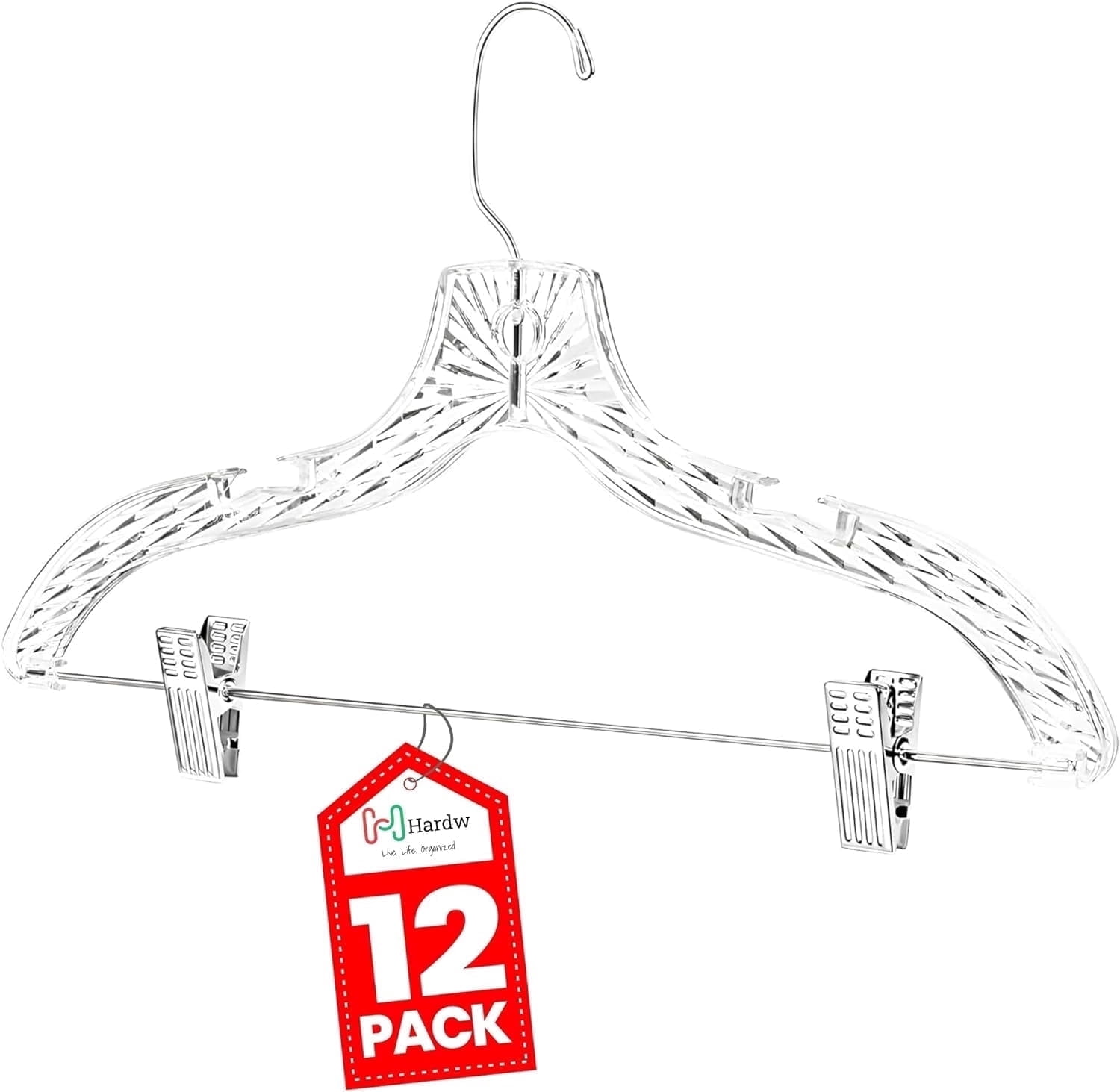 HARDW Clear Plastic Heavy Duty Clothes Hangers with Adjustable Clips - Crystal Clear Plastic Hanger, Durable Adult Hangers for Skirts, Pants, and More - Pack of 12