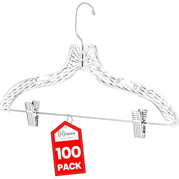 HARDW Clothes Hangers with clips Plastic Set of 100 Pack Heavy Duty Hangers Dresses, T-Shirts Shirt suit Hangers for Closet Organization crystal Clear Hanger Pants skirt Hanger women and men