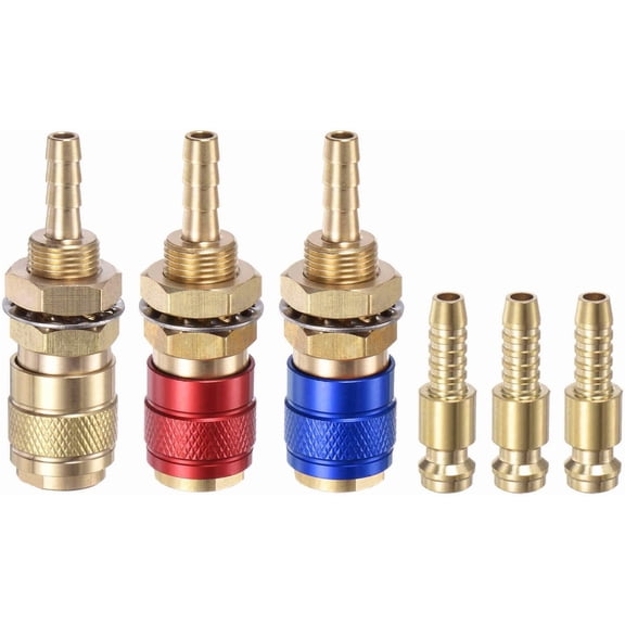 HARFINGTON 6pcs Gas & Water Quick Connector for Tube Inner Diameter 6mm with Hose for TIG 12 18 20 27 Quick Connect Fittings Welding Torch Gas Release, Brass/Red/Blue