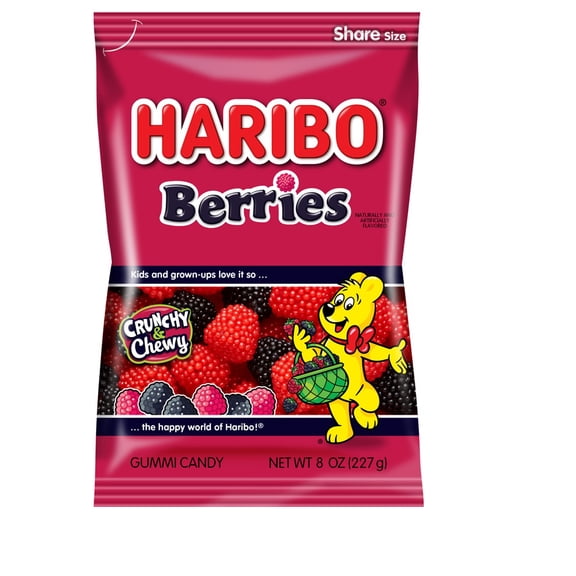 HARIBO Berries Original Red and Black Raspberry Gummies Fruit Flavor Crunchy and Chewy Gummy Candy, 8oz, Share Size Bag