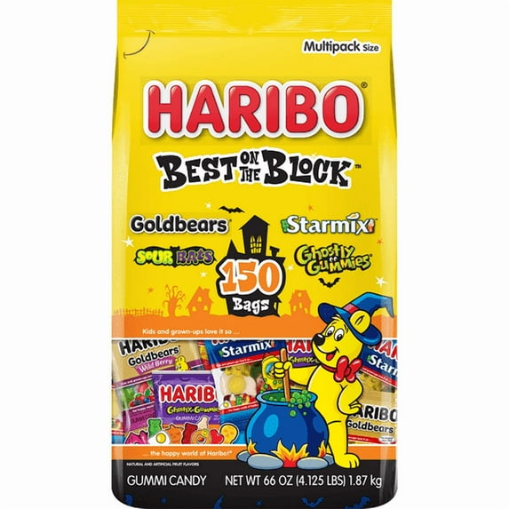 HARIBO Best on the Block Halloween Assorted Fruit Flavor and Shapes Gummy Candy, 60oz Bag, 150ct Mini Gummy Pouches (2 Pack)
