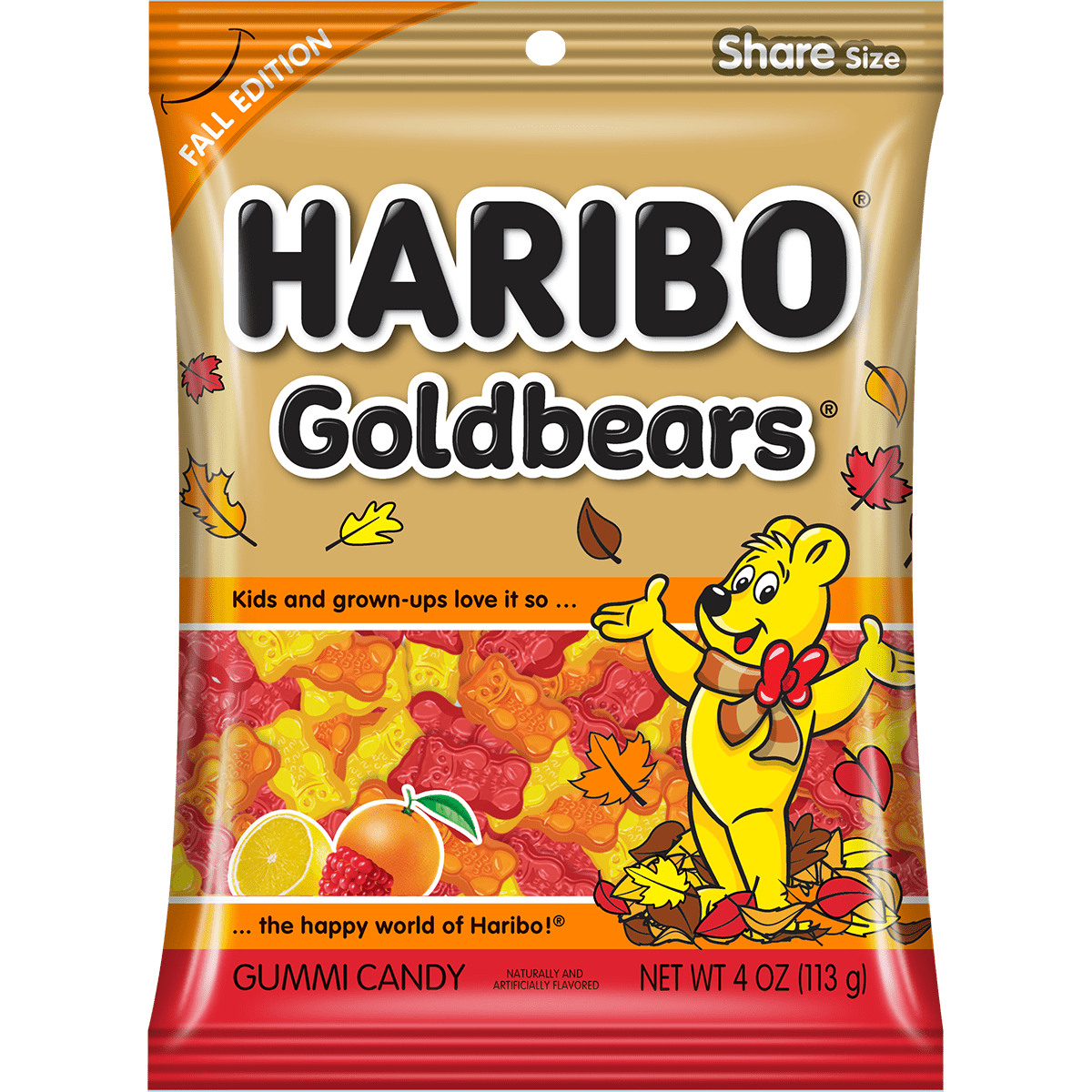 HARIBO Goldbears Fall Edition Gummies Assorted Fruit Flavor Gummy Candy, 4oz, Share Size Peg Bag