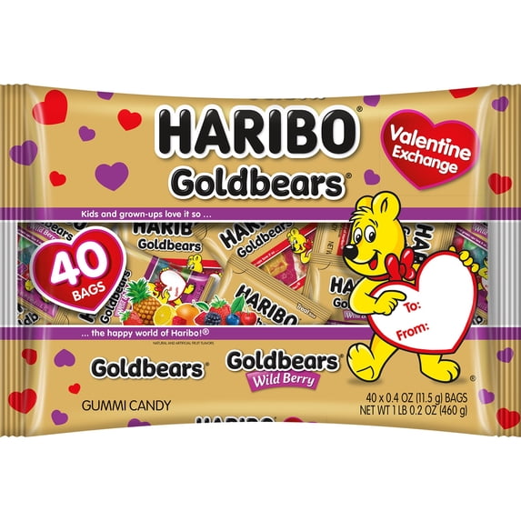 HARIBO Gummies Goldbears Gummy Bears, Valentine's Day Original and Wild Berry Gummies Mix, Bag of 40 Mini Gummy Bear Bags, .4 oz