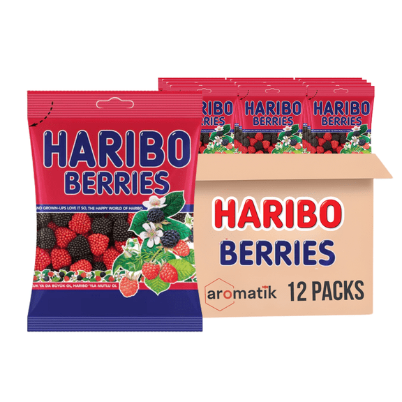 HARIBO Gummi Candy Black and Red Crunchy and Chewy Berries | 5-Ounce Bags, Pack of 12 | Sweet & Chewy Berry Flavor | Ships in an Aromatik Damage Proof Box