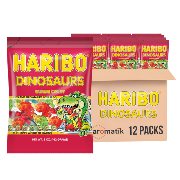 HARIBO Gummi Candy Dinosaurs | 5 - Ounce Bags, Pack of 12 | Fruity & Chewy Dinosaur-Shaped Gummies | Ships in an Aromatik Damage Proof Box