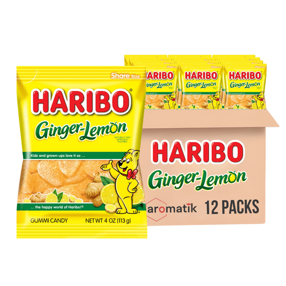 HARIBO Gummi Candy Ginger Lemon | 4-Ounce Bags, Pack of 12 | Sweet & Zesty Ginger Lemon Flavor | Ships in an Aromatik Damage Proof Box