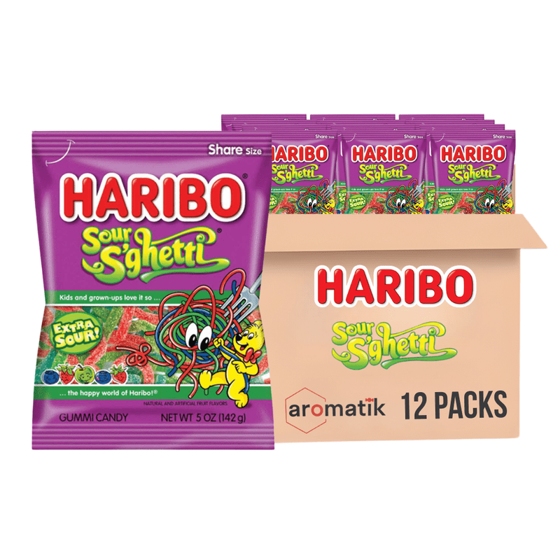 HARIBO Gummi Candy Sour Sghetti | 5-Ounce Bags, Pack of 12 | Sour Apple, Strawberry, and Blueberry Flavored Gummies | Ships in an Aromatik™ Damage Proof Box