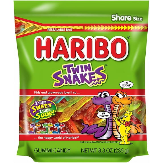 HARIBO Gummi Candy, Twin Snakes Sweet & Sour Gummy Candy, 8.3 Ounce Resealable Share Size Stand Up Bag, Soft & Chewy Snacks, Assorted Fruity Flavors