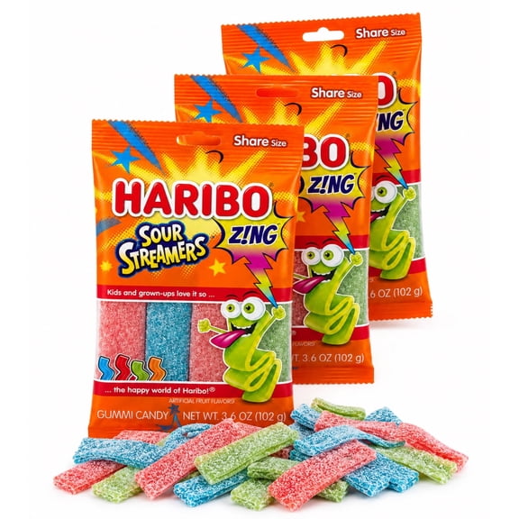 HARIBO Gummi Candy, Z!NG Sour Streamers Gummy Candy, 3.6 Ounce Share Size Bags (Pack of 3) Delicious Soft & Chewy Snacks, Assorted Fruity Flavors