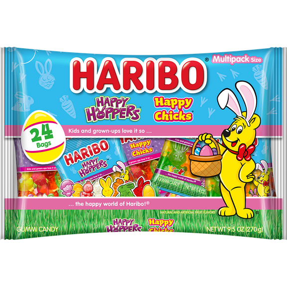 HARIBO Happy Chicks and Happy Hoppers Assorted Easter Shaped Fruit Flavor Gummy Candy, 9.5oz, 24ct Mini .4oz Bags