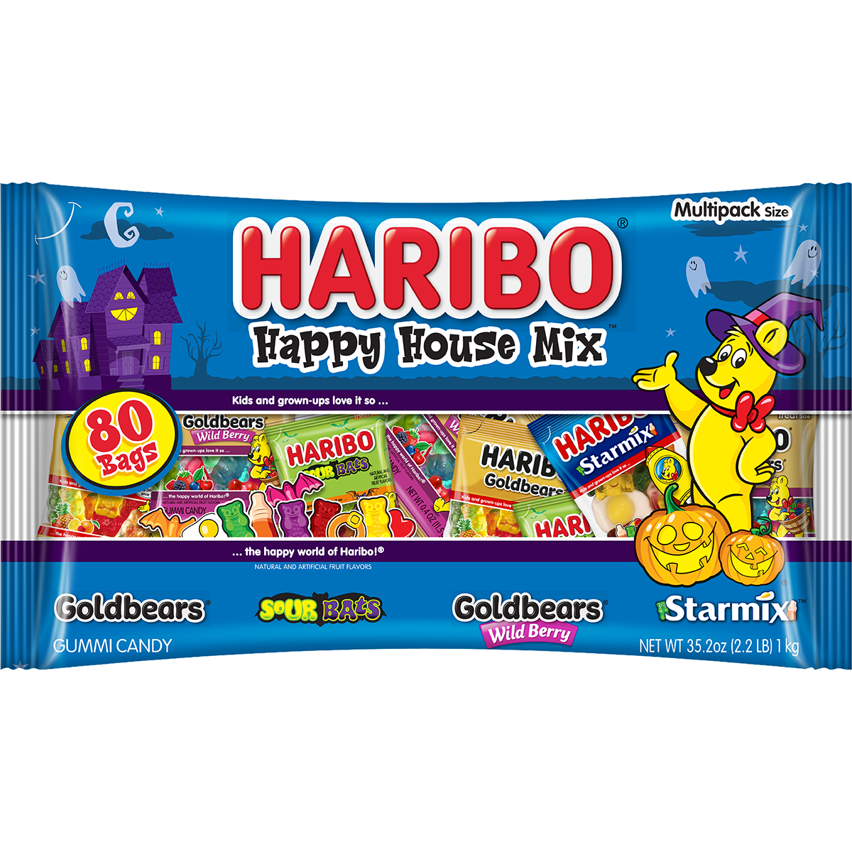 HARIBO Happy House Mix Halloween Assorted Fruit Flavor and Shapes Gummy Candy, 32oz Bag, 80ct Mini Gummy Pouches