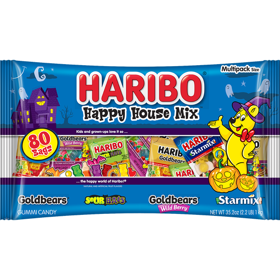 HARIBO Happy House Mix Halloween Assorted Fruit Flavor and Shapes Gummy Candy, 32oz Bag, 80ct Mini Gummy Pouches