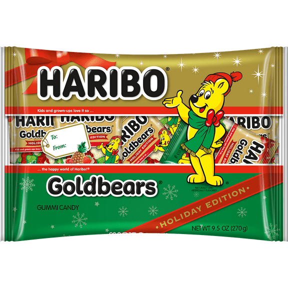 HARIBO Holiday Edition Red, White, and Green Goldbears Gummy Candy Mini Pouches, 9.5oz Bag, 23ct