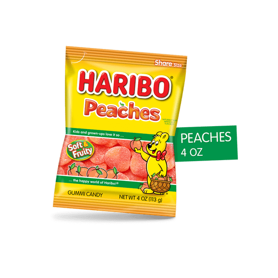 HARIBO PEACHES Sugar-dusted, peach-flavored gummies with soft & chewy texture; 4 oz pack; 1 pack