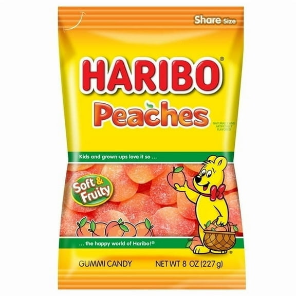 HARIBO Peaches Gummies Fruity Peach Flavor Gummy Candy, 8oz, Share Size Bag (3 Pack)
