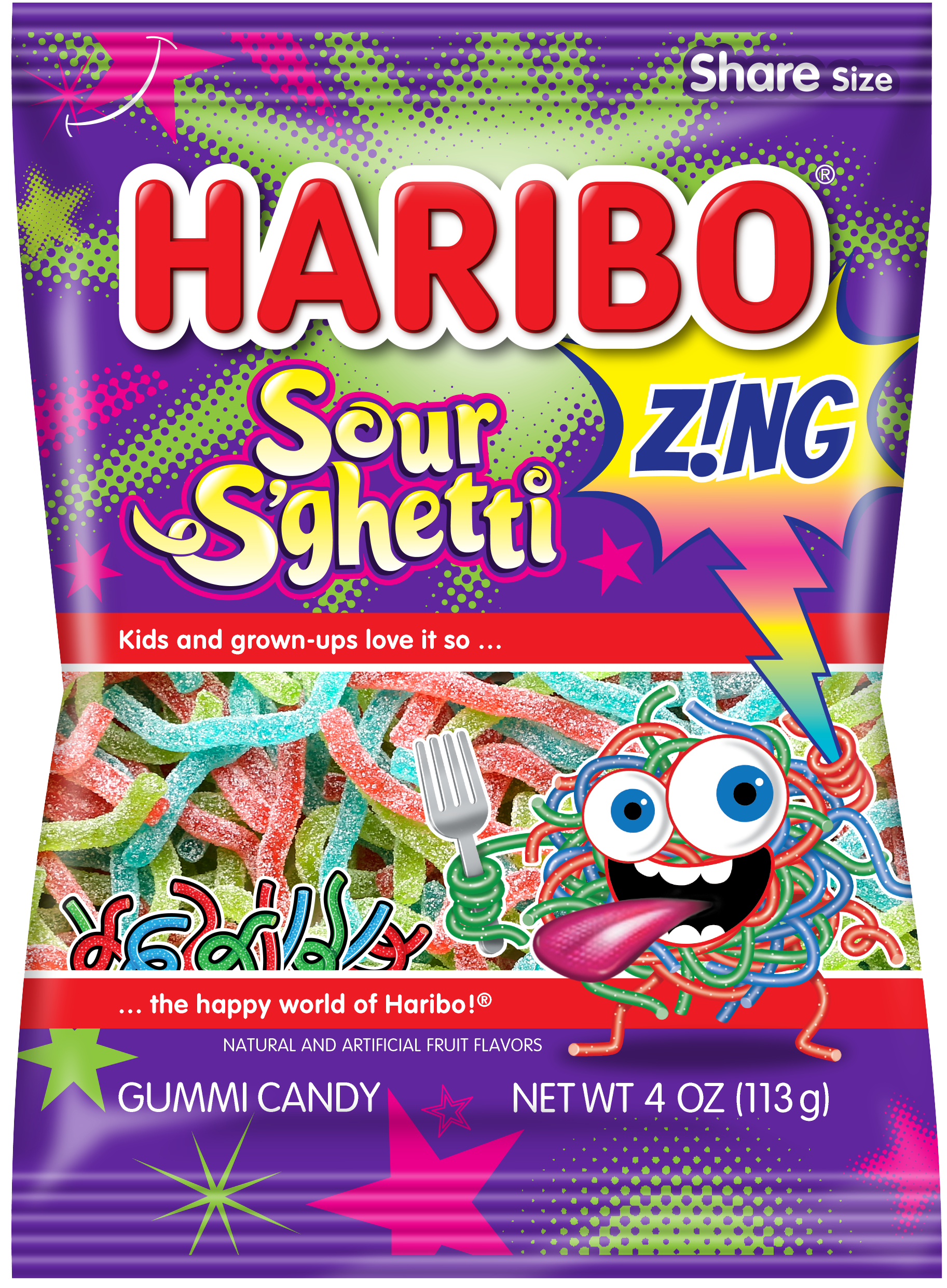HARIBO Zing Sour S'ghetti Gummies Original Assorted Fruit Flavor Sour Gummy Candy, 4oz, Share Size Peg Bag
