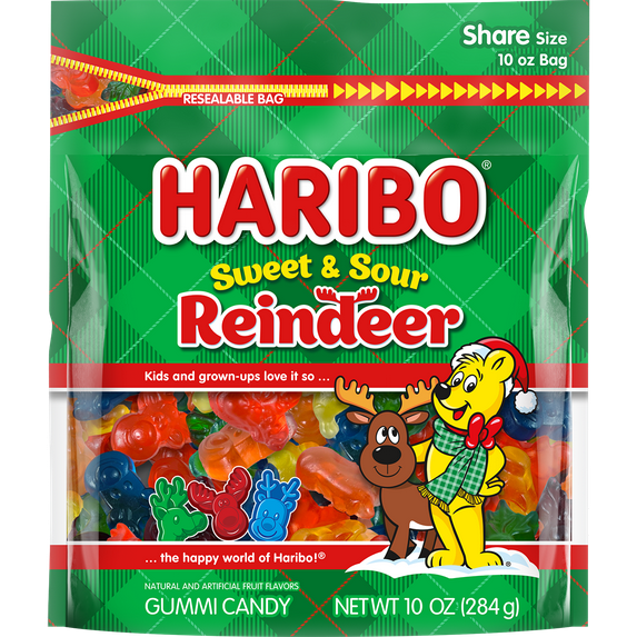 HARIBO Sweet and Sour Reindeer Gummies Holiday Edition Assorted Fruit Flavor Gummy Candy, 10oz, Share Size Resealable Bag