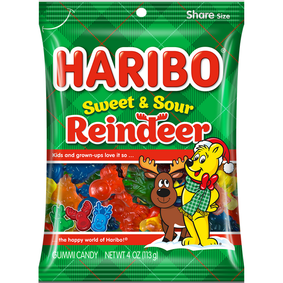 HARIBO Sweet and Sour Reindeer Gummies Holiday Edition Assorted Fruit Flavor Gummy Candy, 4oz, Share Size Peg Bag