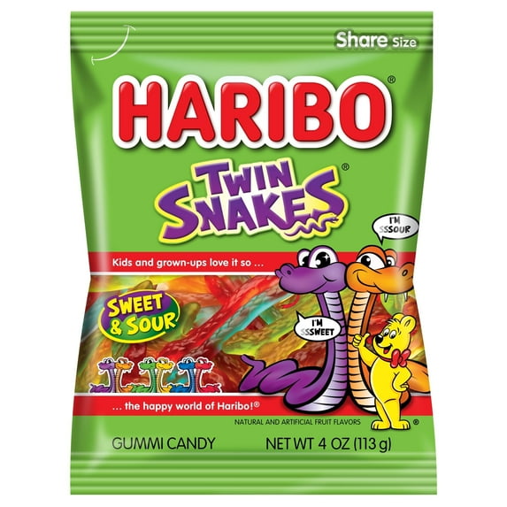 HARIBO Twin Snakes Gummies Original Sweet and Sour Assorted Fruit Flavor Gummy Candy, 4 oz, Share Size Peg Bag pack of 2