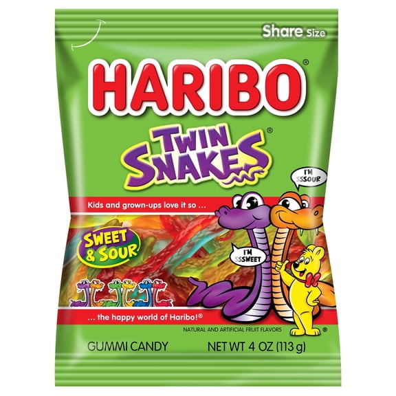 HARIBO Twin Snakes Gummies Original Sweet and Sour Assorted Fruit Flavor Gummy Candy, 4 oz, Share Size Peg Bag pack of 3
