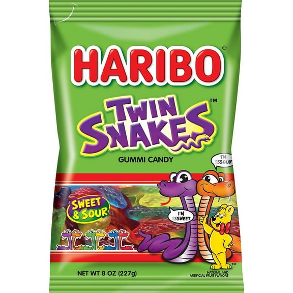 HARIBO Twin Snakes Gummies Original Sweet and Sour Assorted Fruit Flavor Gummy Candy, 8 oz, Share Size Bag