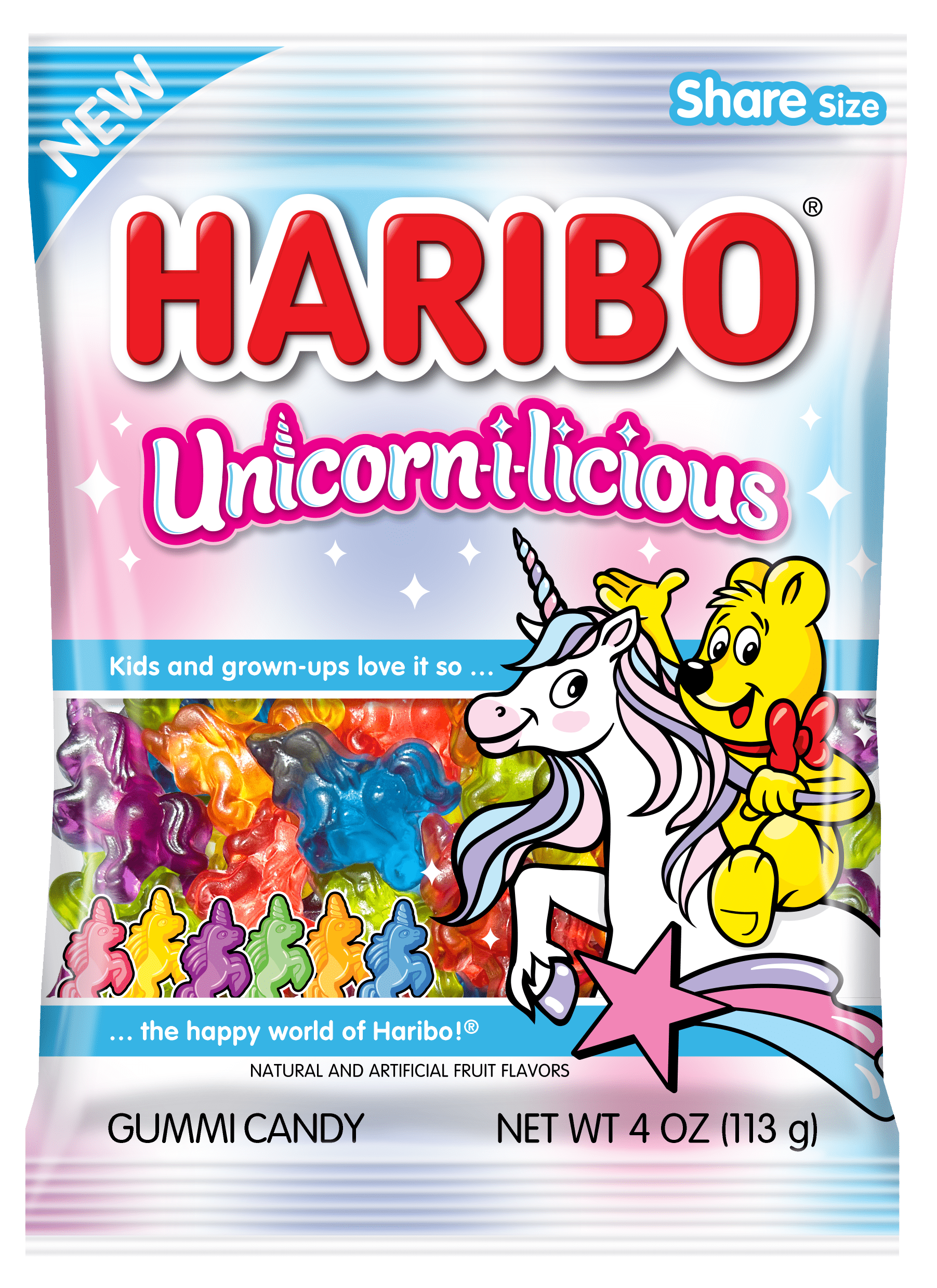 HARIBO Unicorn-i-licious Gummies Assorted Fruit Flavor Gummy Candy, 4 oz, Share Size Peg Bag