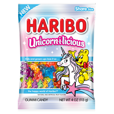 HARIBO Unicorn-i-licious Gummies Assorted Fruit Flavor Gummy Candy, 4 oz, Share Size Peg Bag