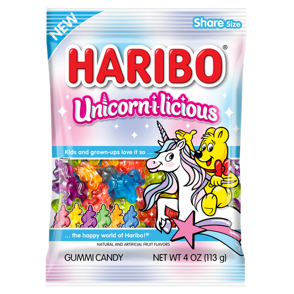 HARIBO Unicorn-i-licious Gummies Assorted Fruit Flavor Gummy Candy, 4 oz, Share Size Peg Bag