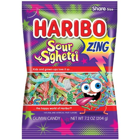 HARIBO Zing Sour S'ghetti Gummies Original Assorted Fruit Flavor Sour Gummy Candy, 7.2oz, Share Size Bag