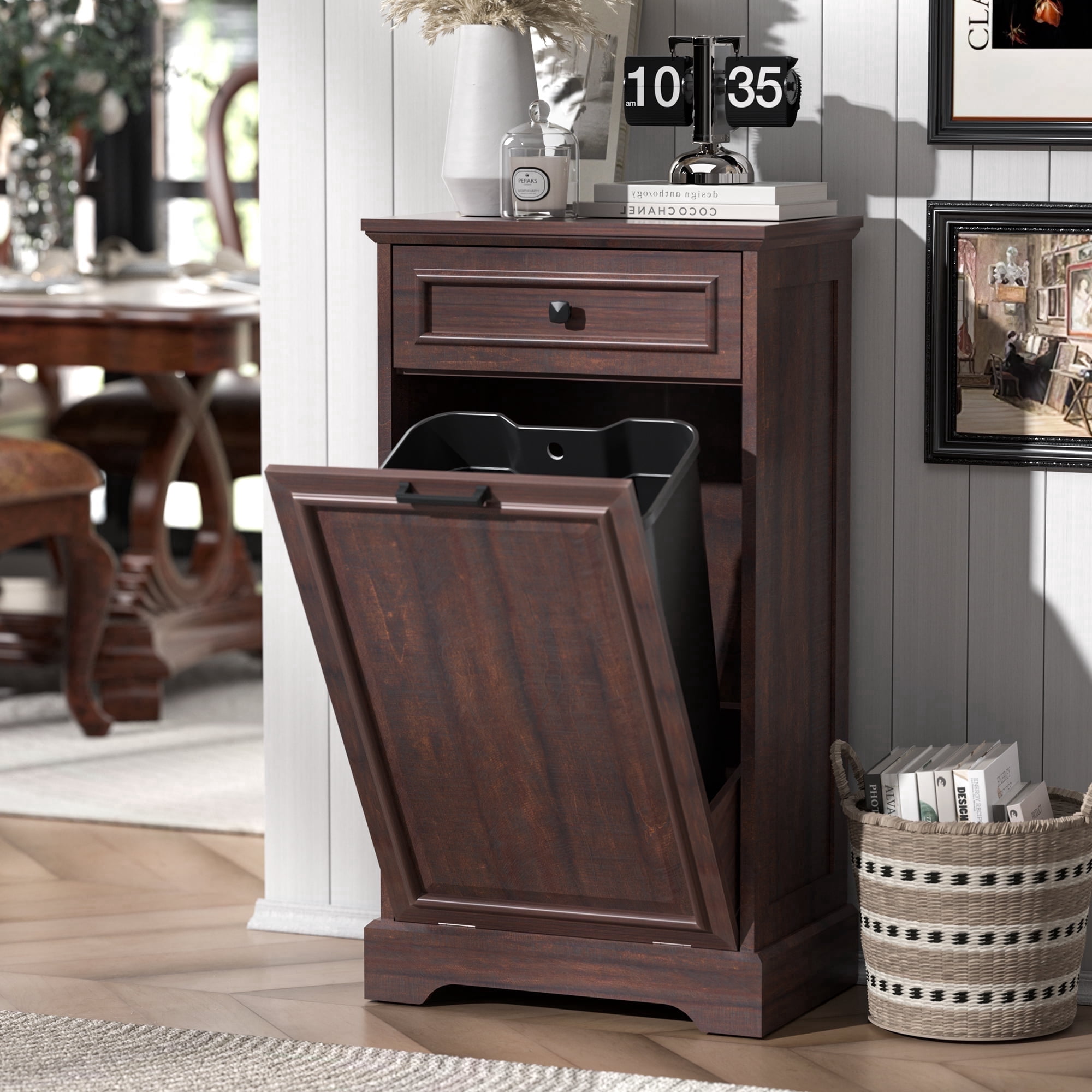 HARIPUL Single Tilt Out Trash Cabinet for 13 Gallon Trash Can, Laundry Hamper Tilt Out Pet Proof Trash Cabinet for Kitchen, Brown