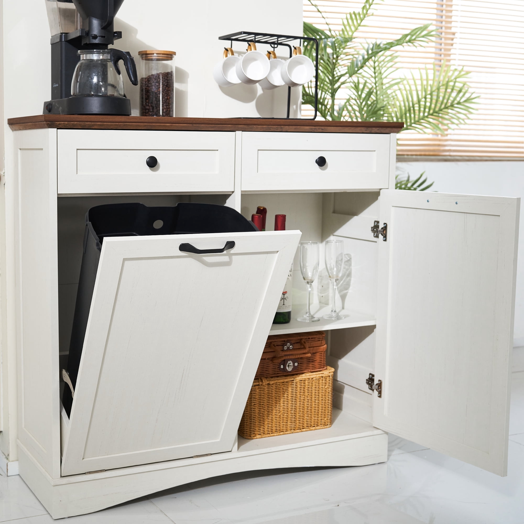HARIPUL 13 Gallon Tilt Out Trash Cabinet Waste Bins Hidden Trash Bin with Drawer & Adjustable Shelf & for Kitchen, Antique White