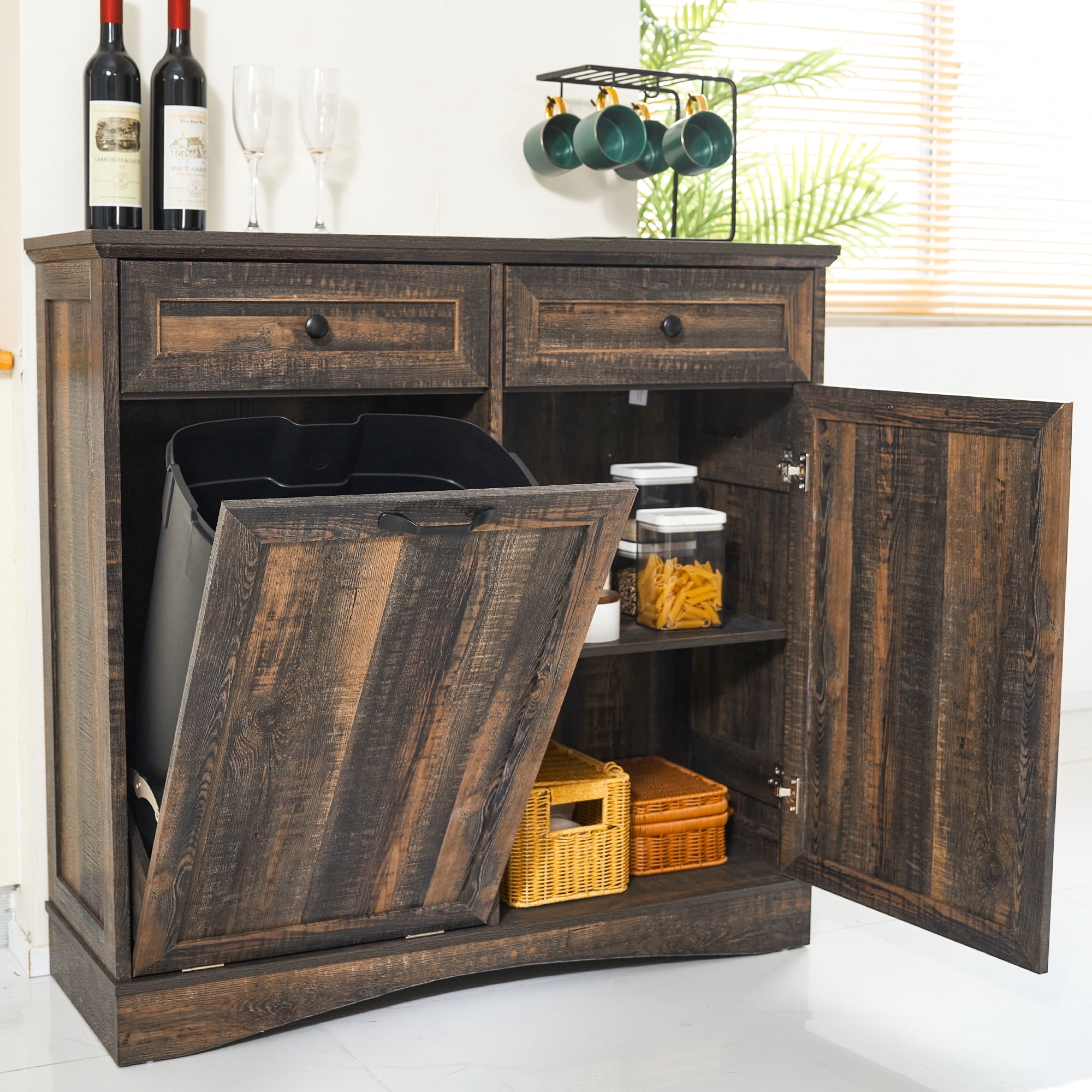 HARIPUL 13 Gallon Tilt Out Trash Cabinet Waste Bins Hidden Trash Bin with Drawer & Adjustable Shelf & for Kitchen, Dark Brown