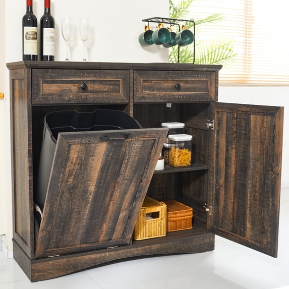 HARIPUL 13 Gallon Tilt Out Trash Cabinet Waste Bins Hidden Trash Bin with Drawer & Adjustable Shelf & for Kitchen, Dark Brown