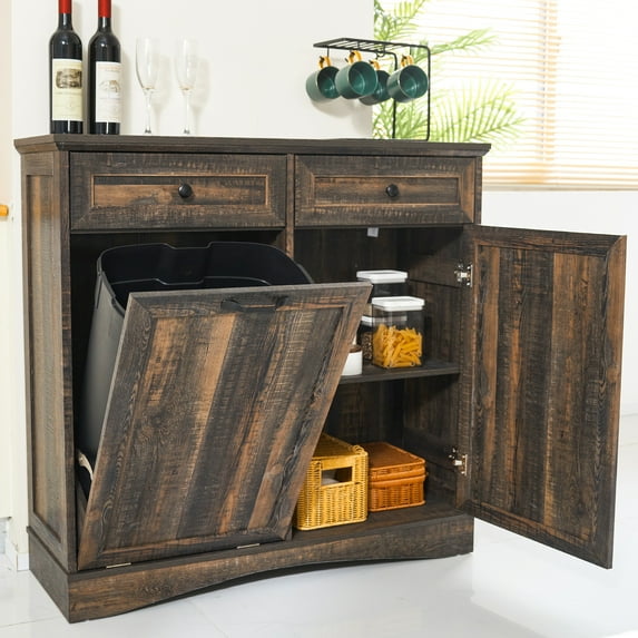 HARIPUL 13 Gallon Tilt Out Trash Cabinet Waste Bins Hidden Trash Bin with Drawer & Adjustable Shelf & for Kitchen, Dark Brown