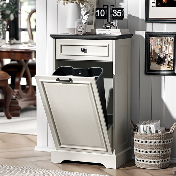 HARIPUL 13 Gallon Tilt Out Trash Cabinet for Kitchen, Single Kitchen Trash Can Cabinet with Drawers, White, Black Top