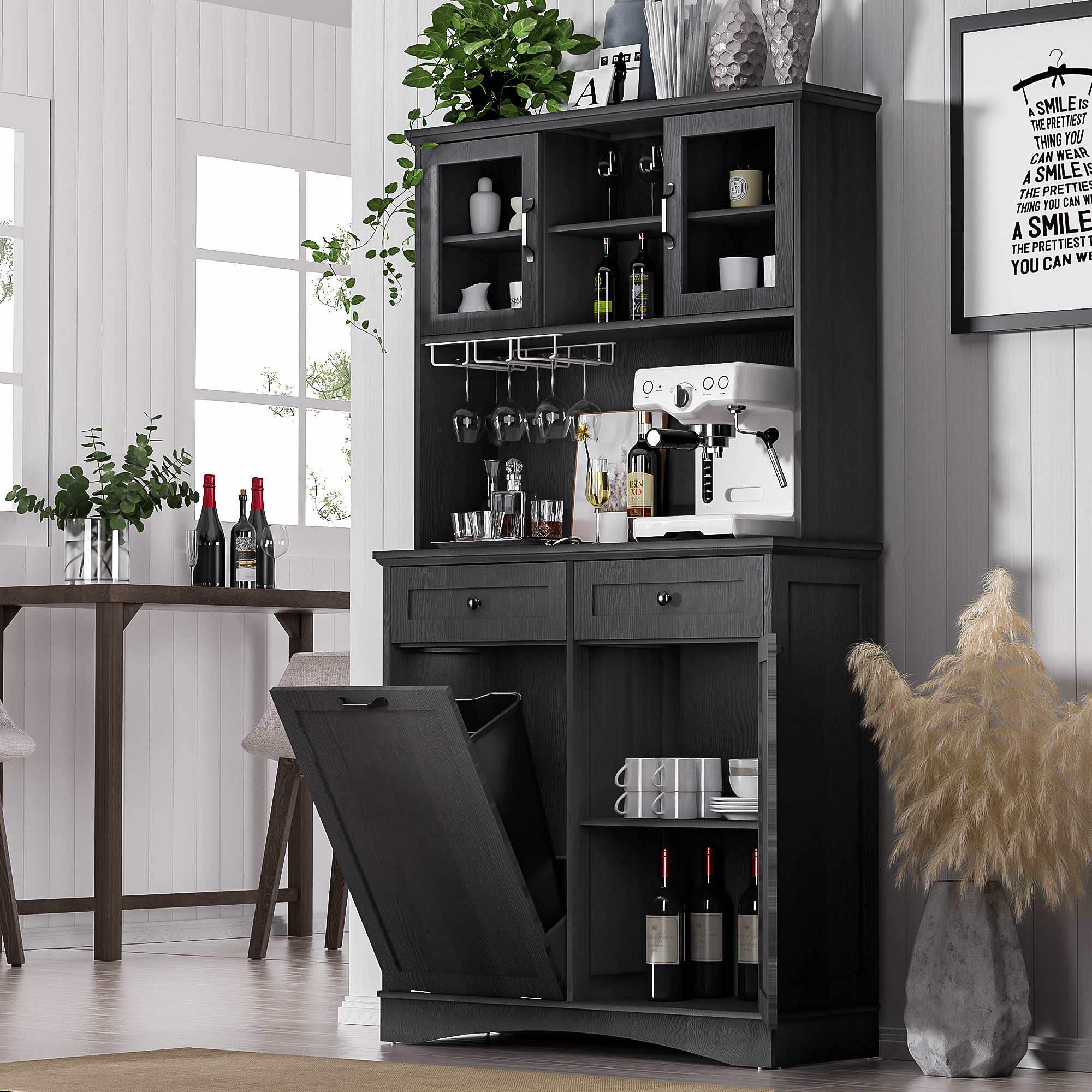 HARIPUL 2-in-1 Kitchen Trash Cabinet & Pantry Cabinet, 13 Gallon Garbage Can, Freestanding Tilt Out Storage Cabinet w/ Shelves for Kitchen & Living Room, Black