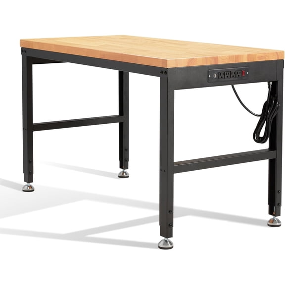 HARIPUL 48" Adjustable Workbench with Power Outlets, 2000 LBS Heavy Duty Solid Wood Work Station, Height Adjustable Standing Desk with ETL Certified USB Ports for Garage Workshop Home Office
