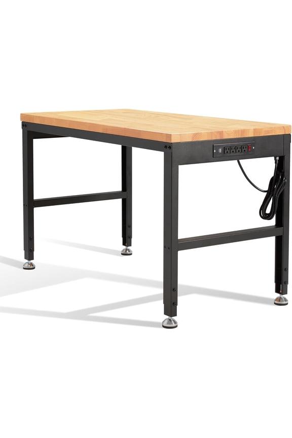 48" Adjustable Workbench with Power Outlets, 2000 LBS Heavy Duty Solid Wood Work Station, Height Adjustable Standing Desk with ETL Certified USB Ports for Garage Workshop Home Office