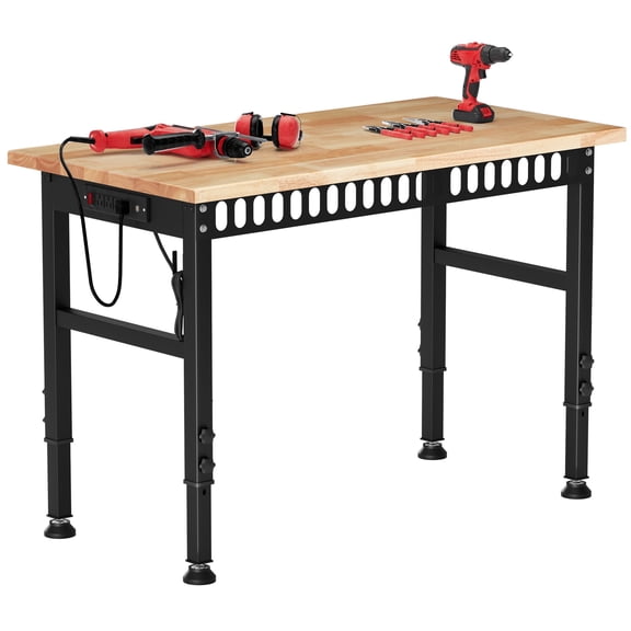 HARIPUL 48 inch Adjustable Workbench, 2000 LBS Heavy Duty Workstation with Power Outlets & USB Ports, Solid Rubber Wood Top Work Table for Garage, Workshop, Office, Commercial Use
